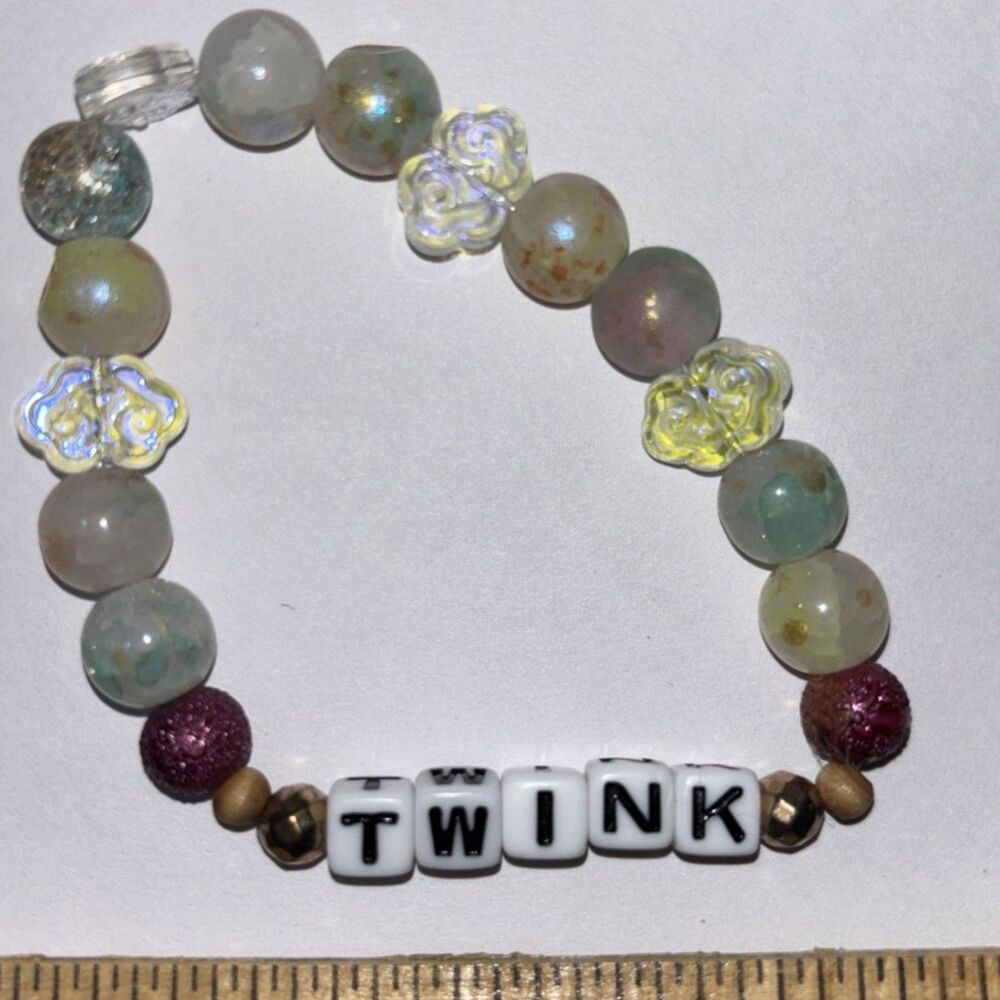 Mens Handcrafted Beaded Stretch Bracelet Green TWINK Letter Beads adult humor